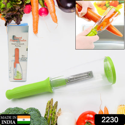 Ergonomic fruit peeler demonstrating its sharp stainless steel blade on a potato.