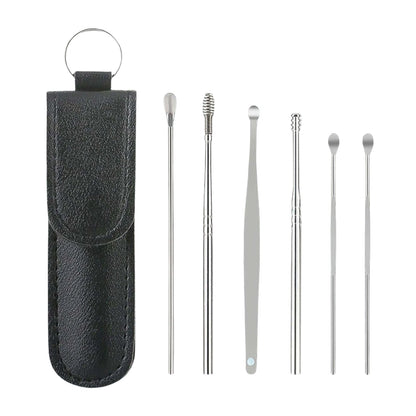 The comprehensive ear wax cleaner kit displayed with its elegant black leather travel pouch.