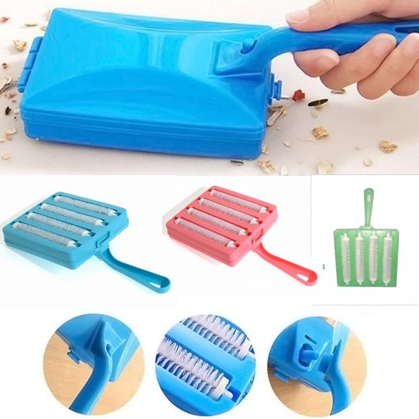 Wet and dry carpet cleaning tool, a portable handheld roller with integrated dust collector.