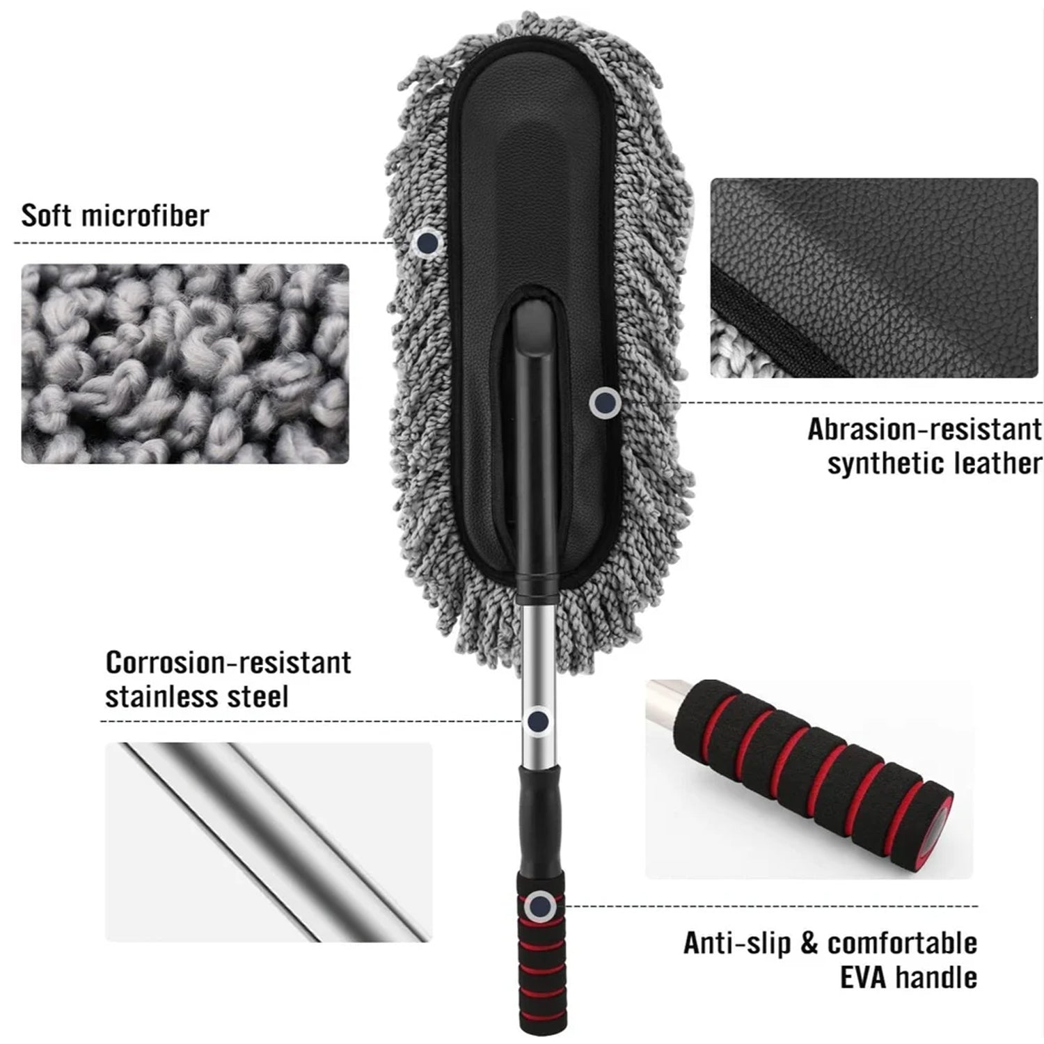 Detailed specifications of the car duster, including dimensions.