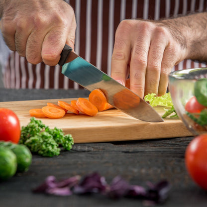 Durable natural wood cutting board on a kitchen counter.