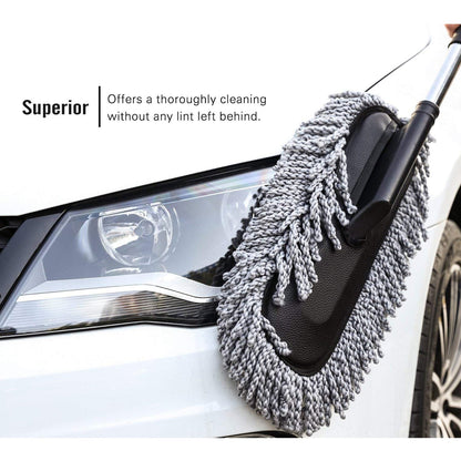 Angled view of the car duster showcasing its long retractable handle.