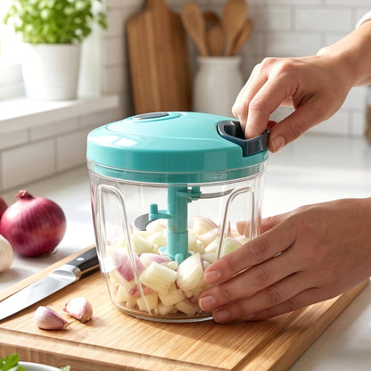 User holding the compact 6 Blade Manual Food Chopper, ready for vegetable chopping.