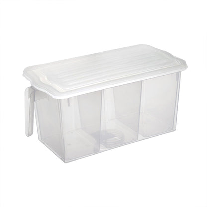 Airtight refrigerator storage box with internal dividers for various items.