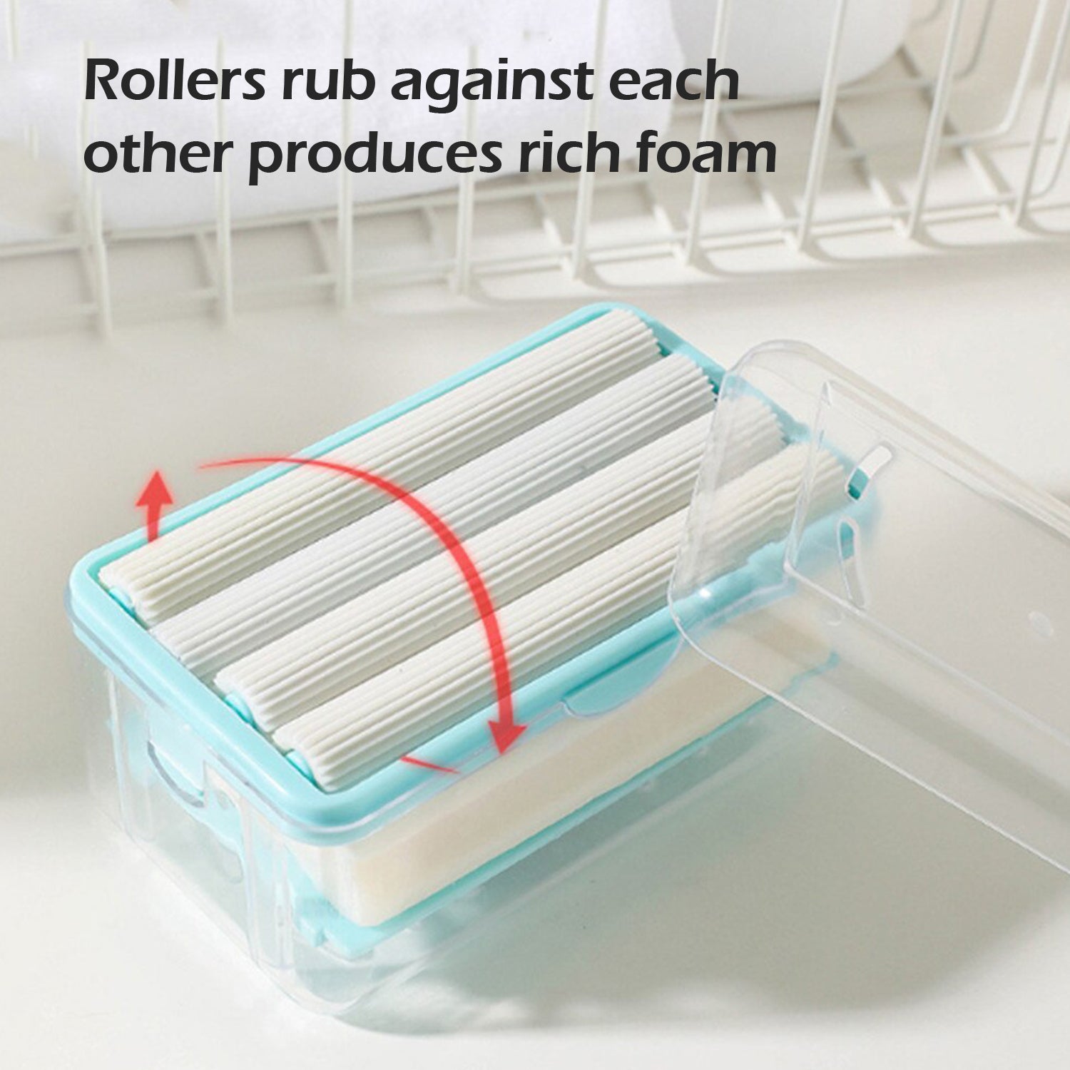Close-up of the foaming soap bar box with spring base and sponge roller.