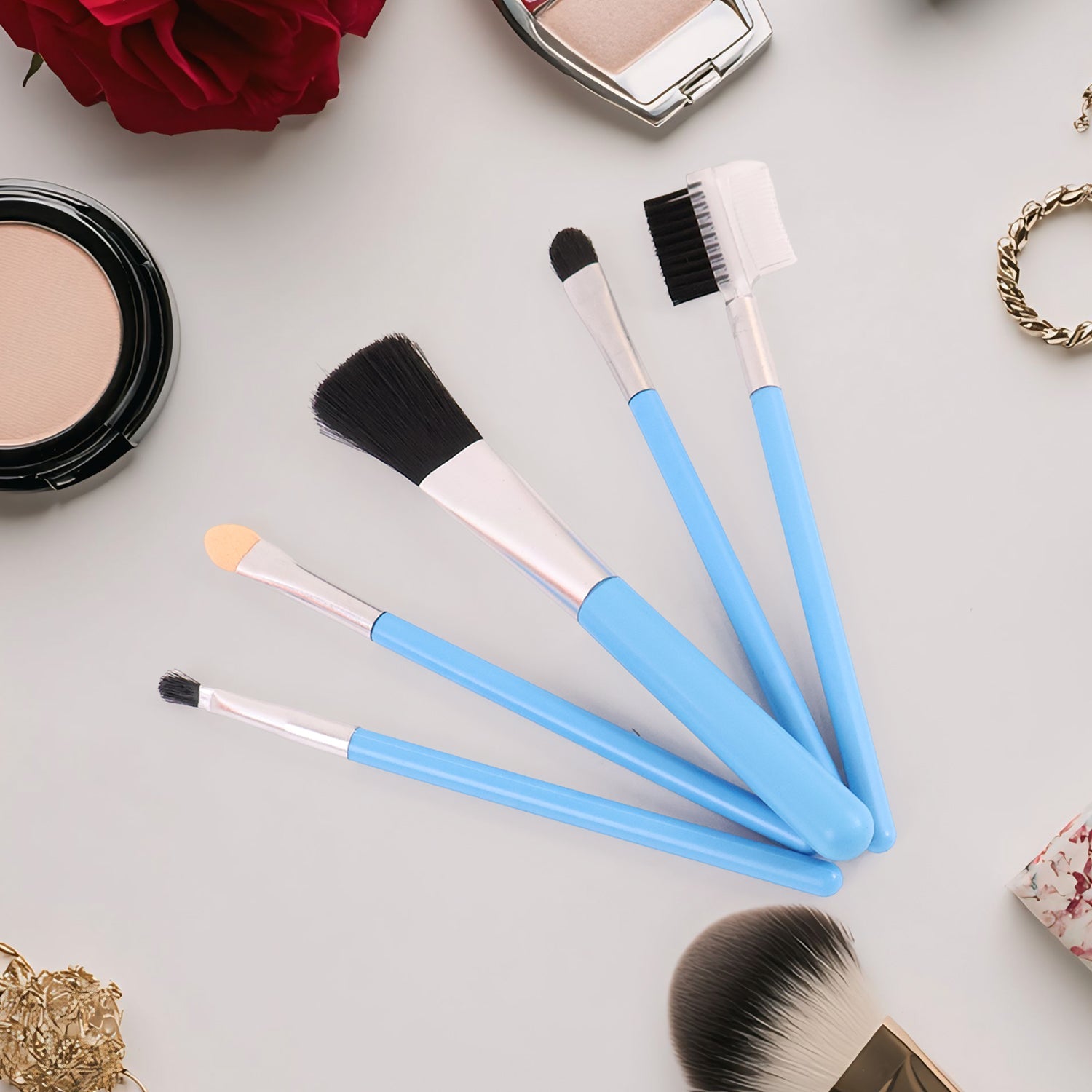 The complete 5-piece makeup brushes kit displayed neatly on a white background.