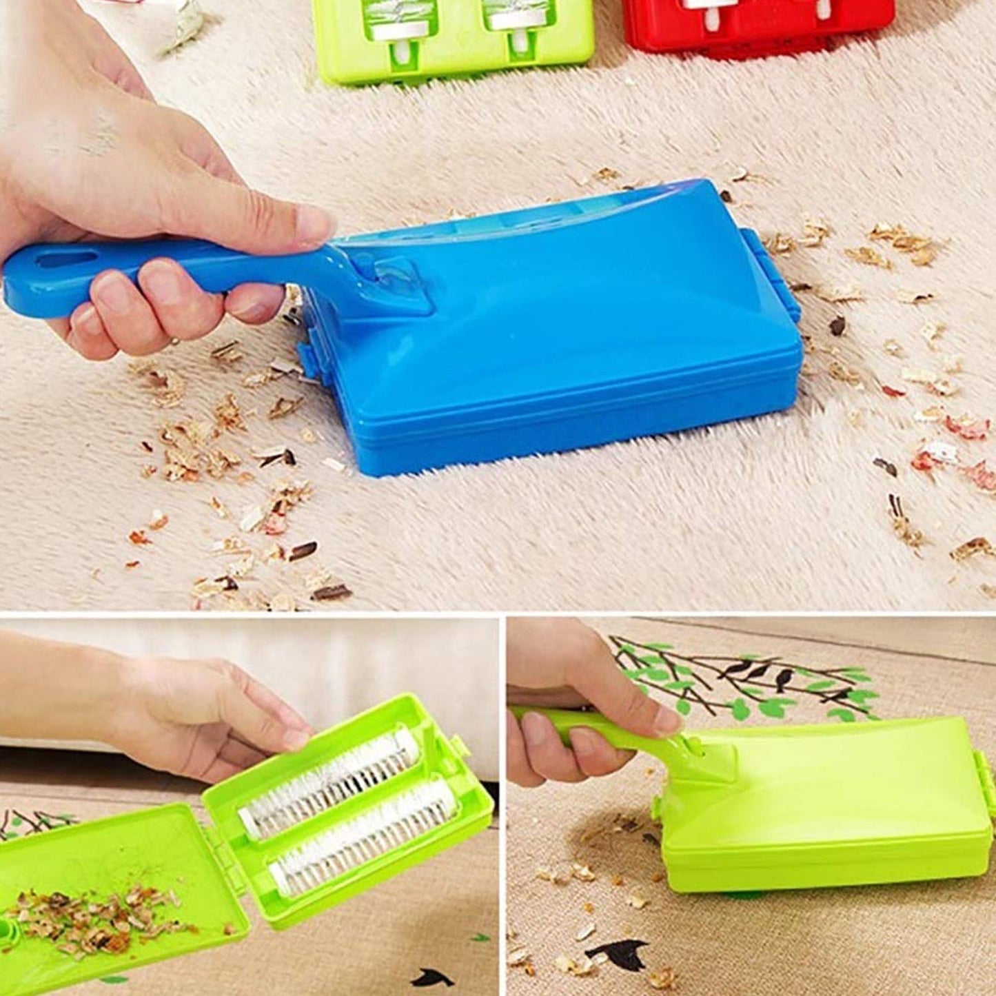 Durable plastic roller brush for carpets, featuring an easy-to-empty dust compartment.