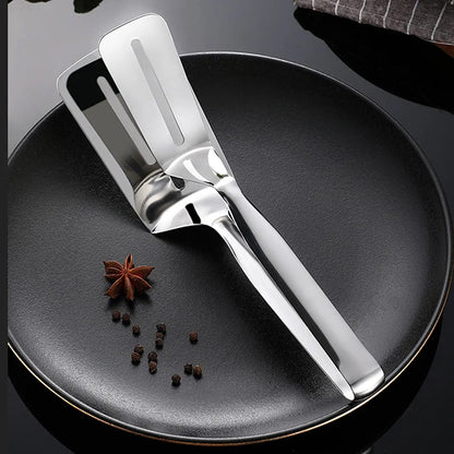 Stainless steel multifunction cooking tong with oil-draining slots.