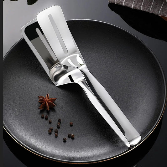 Stainless steel multifunction cooking tong with oil-draining slots.