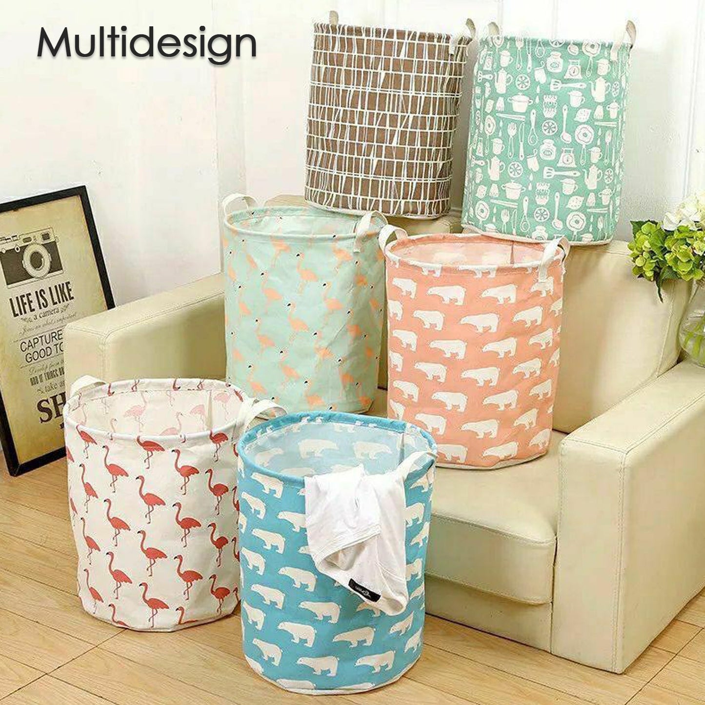 Stylish laundry storage bag for clothes, featuring robust handles for portability.