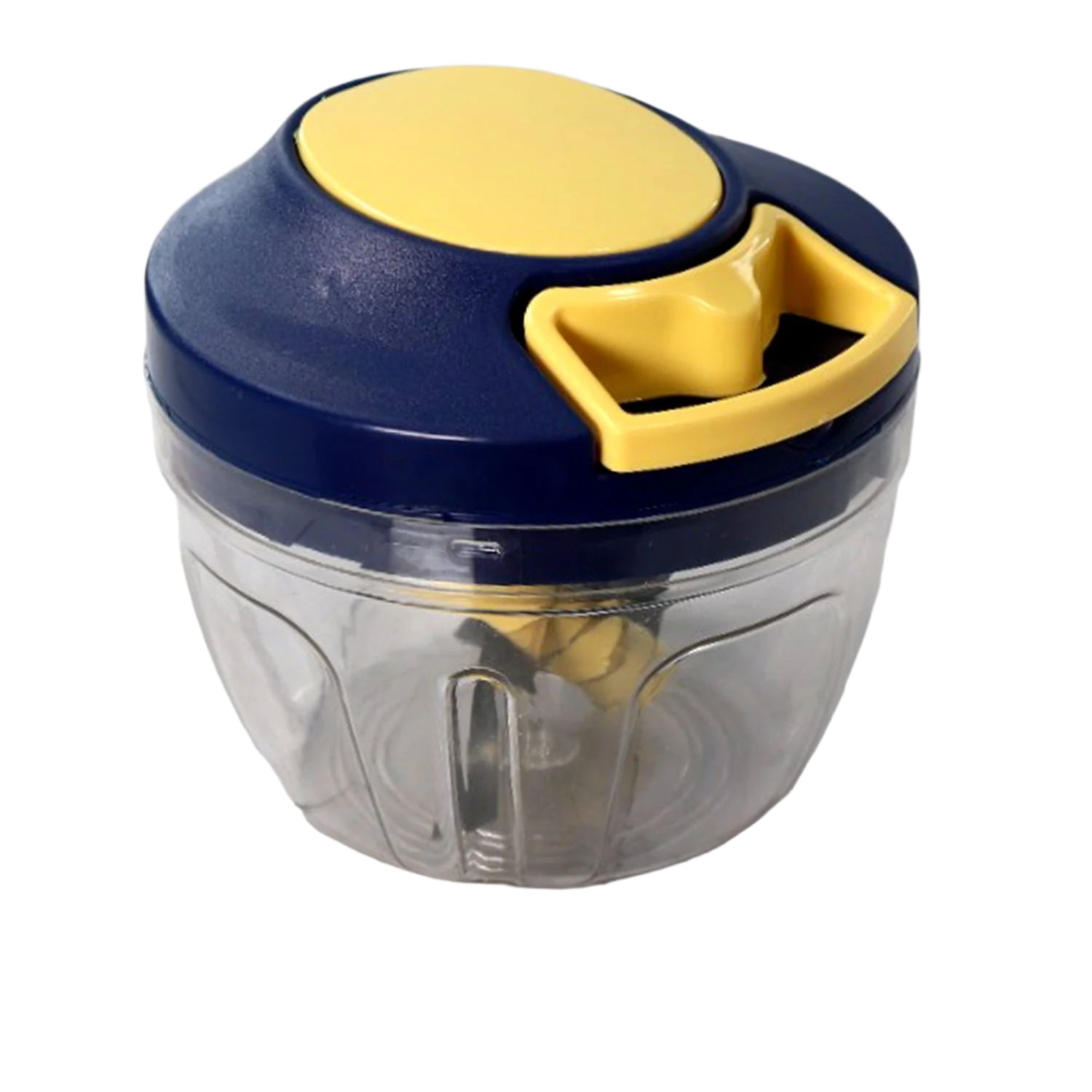 Freshly chopped vegetables inside the transparent container of the kitchen tool.