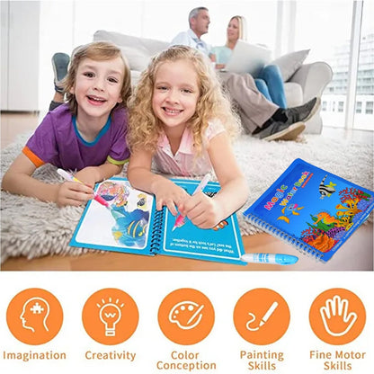 An open Magic Water Coloring Book showcasing its mess-free activity and easy-grip pen.
