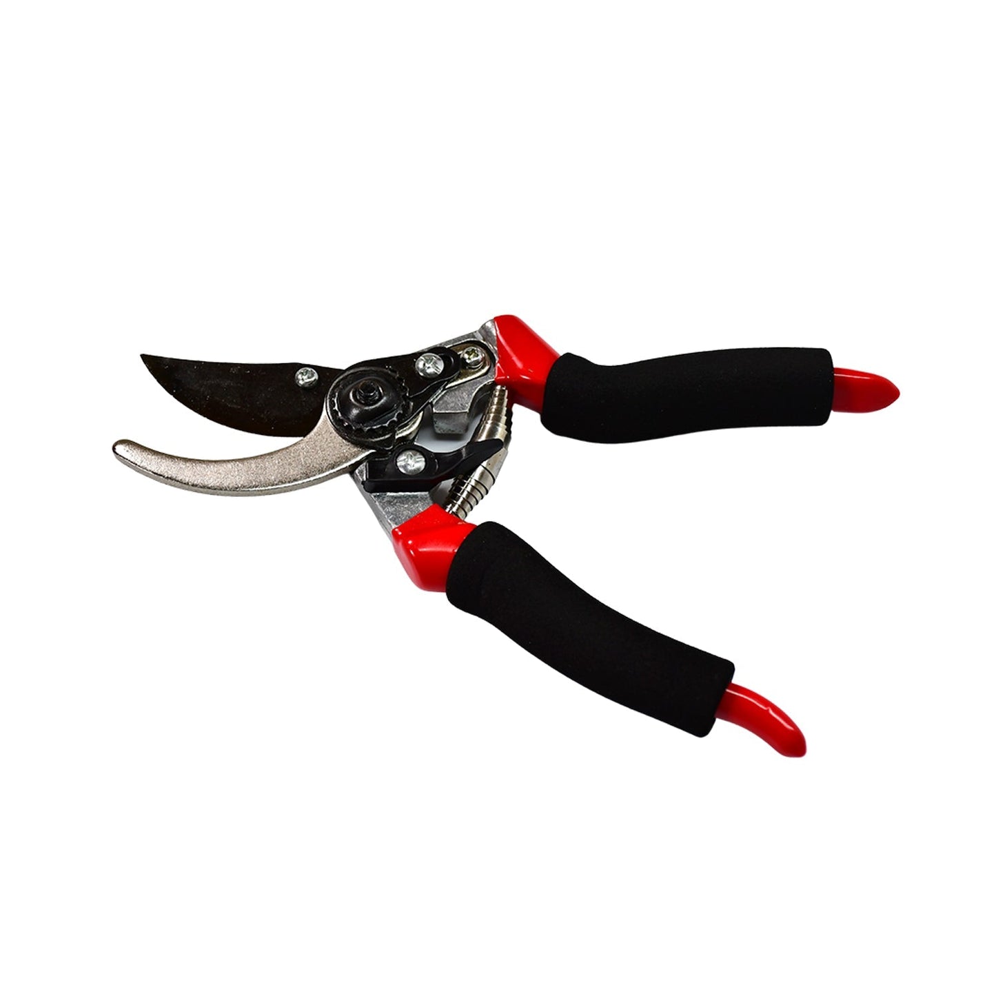 Red 21cm garden pruner tool with safety lock.