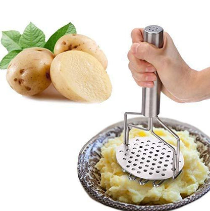 Close-up of the robust stainless steel masher, great for various boiled vegetables and dal.