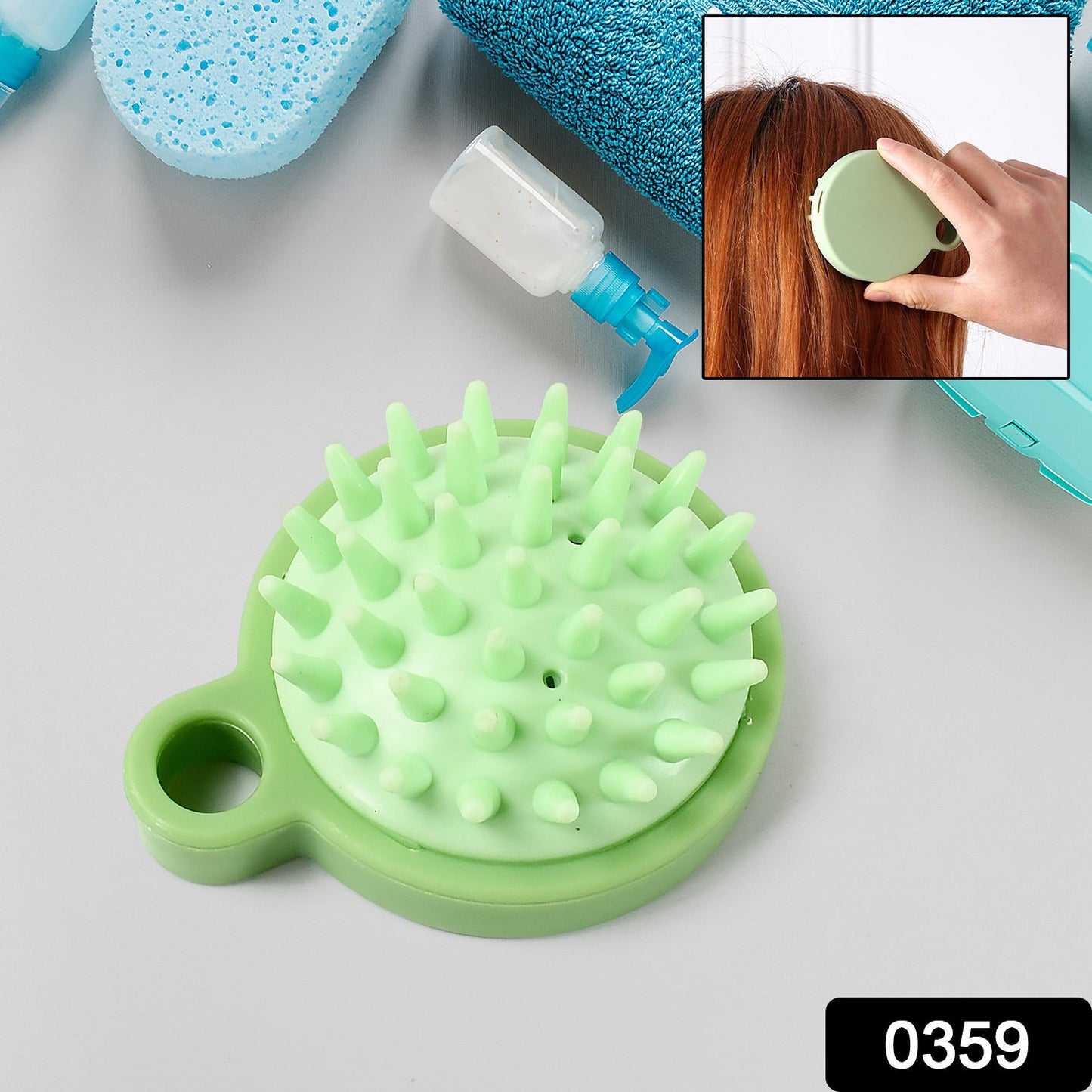 Ergonomic scalp massage comb held in hand, highlighting its comfortable grip and portable size.