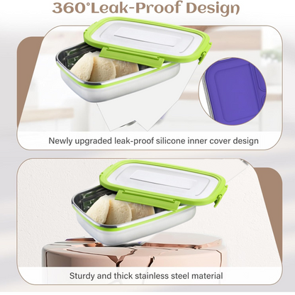 Compact stainless steel lunch pack easily fitting into a school bag.