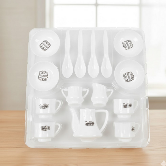 Miniature plastic tea cups and saucers from the kids' pretend play set.