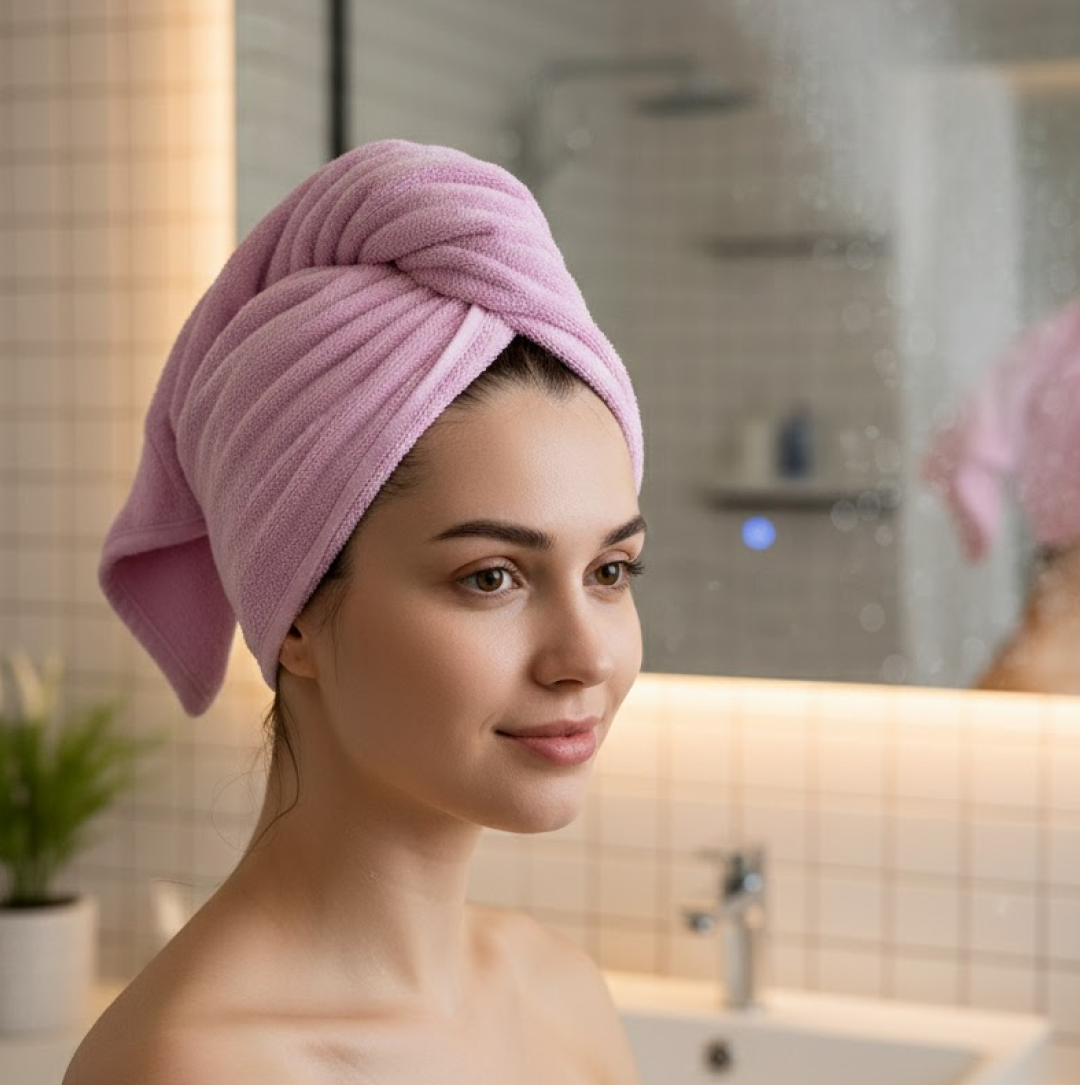Woman wearing a VelvaBloom quick dry hair wrap after showering, smiling.