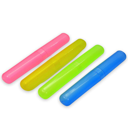 Plastic toothbrush holders in various colors, neatly arranged.