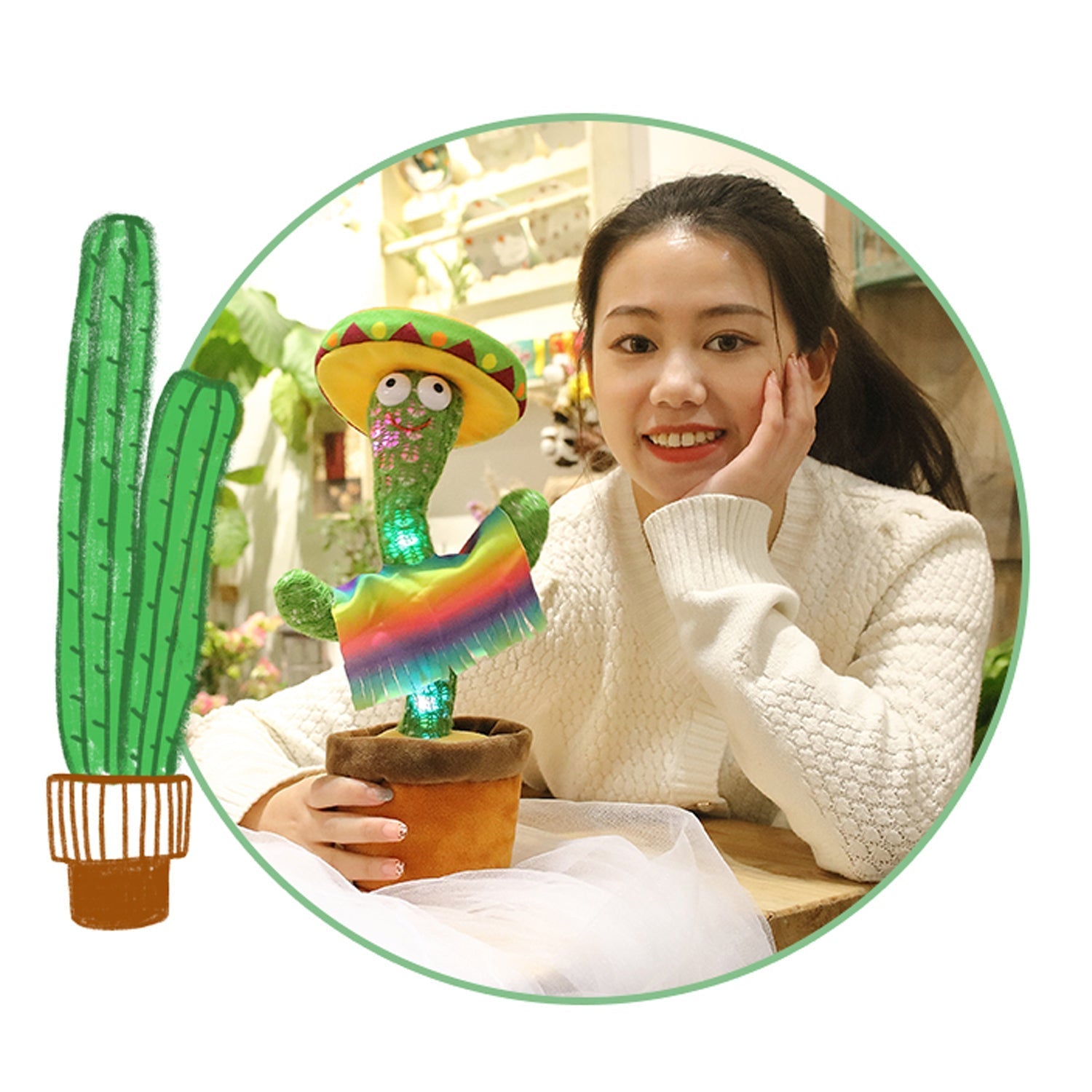 Soft plush dancing cactus toy with an embroidered smiling face in a pot.