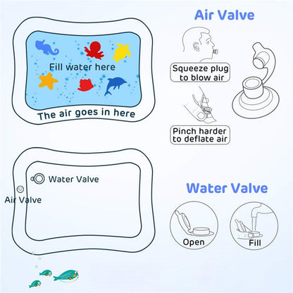 Detailed view of the robust PVC material and secure valve on the inflatable baby play mat.