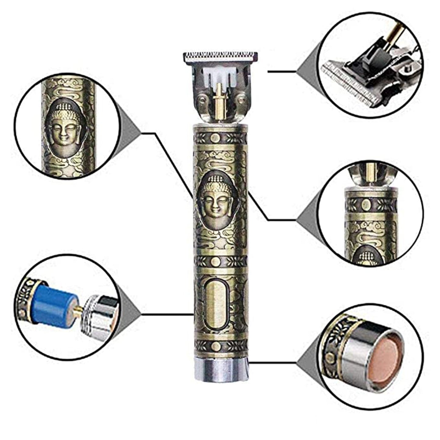 Detailed view of the precision hair trimmer's sharp, adjustable blade.