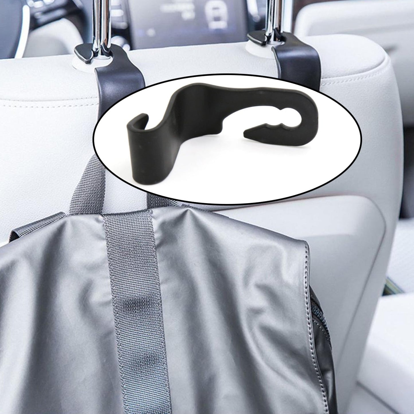 Compact car back support hanger securely attached to a car seat.