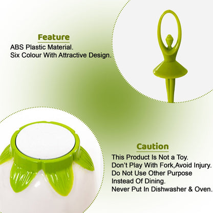 Side view of the colourful fruit fork set with its unique dancing doll holder.