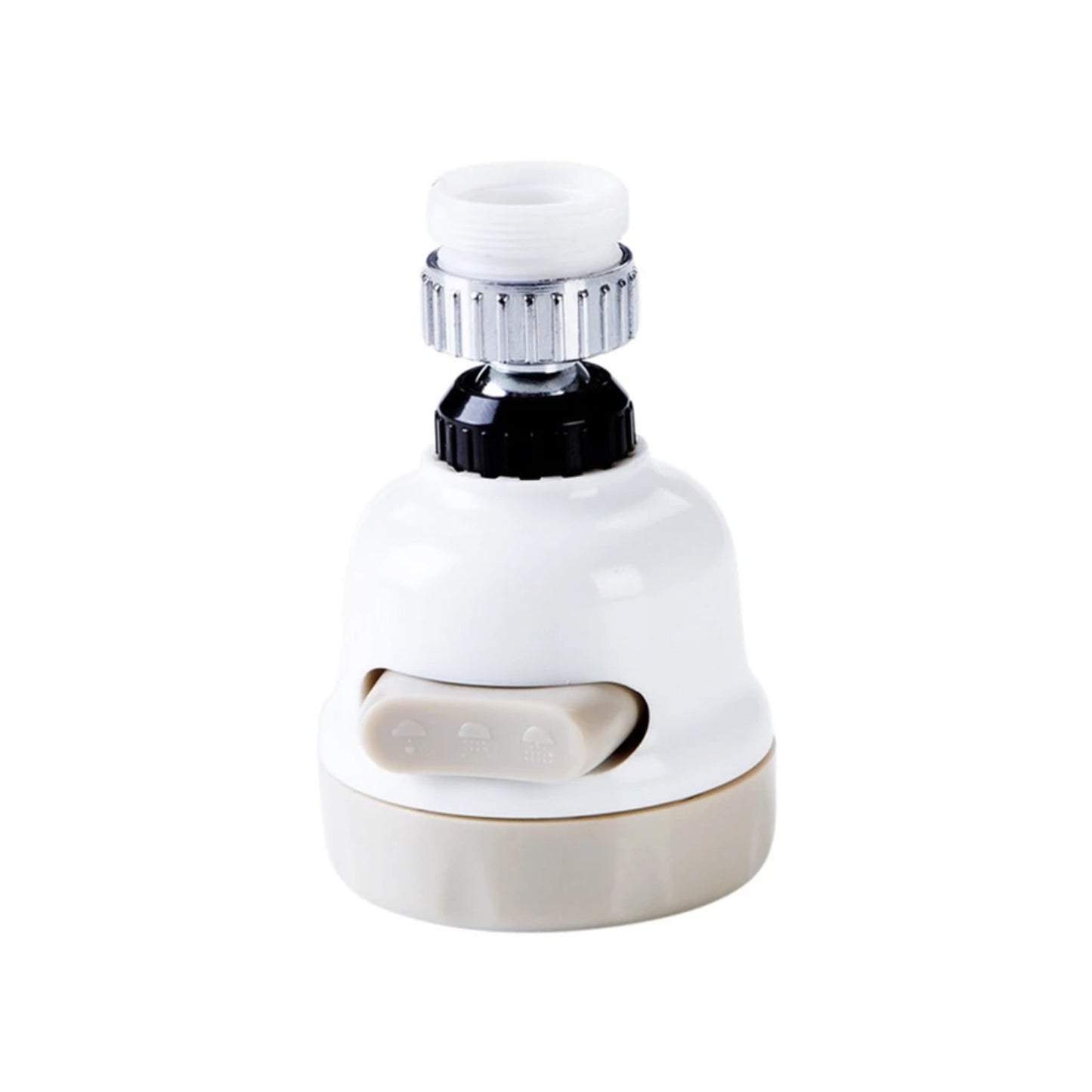 Kitchen tap fitted with a rotatable sink aerator, demonstrating its full range of motion.