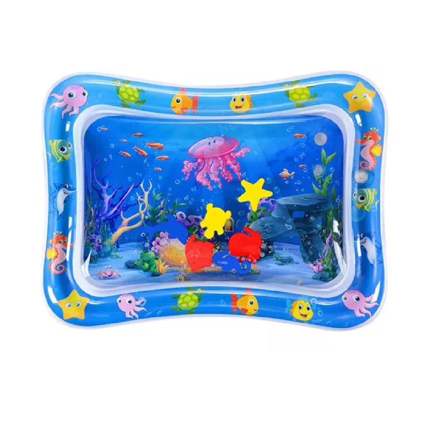 Close-up of a baby reaching for the floating toys inside an inflatable Baby Water Mat.