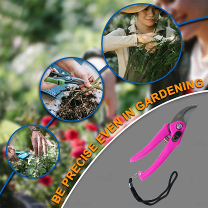 Stainless steel garden scissors resting on rich garden soil amongst green leaves.