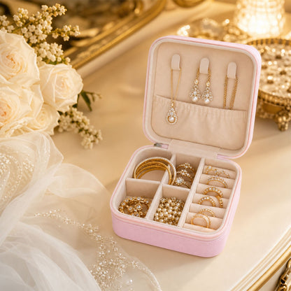A compact PU leather jewellery organiser filled with rings and earrings, demonstrating its storage capacity.