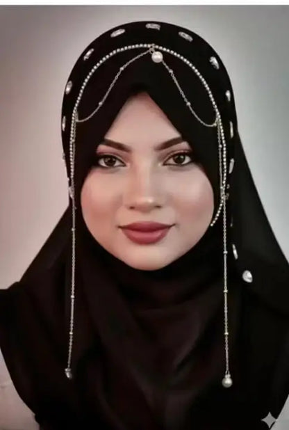 Brown Bridal Jhoomar Hijab for Women | Turkish Ready-to-Wear Chandelier Hijab | Wedding & Party Wear Designer Georgette Hijab